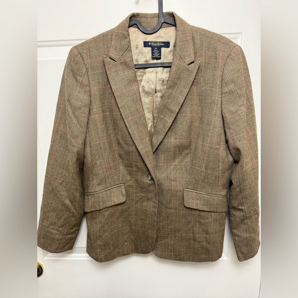 Brooks Brothers Stellita Fit Saxxon Wool Brown Plaid Blazer Sz 6P Office Luxury